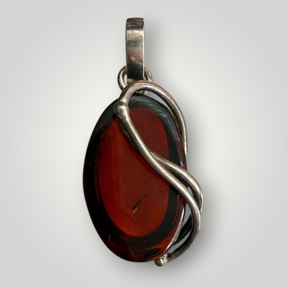 Vintage 925 Sterling Silver Genuine Cognac Amber Pendant Modernist